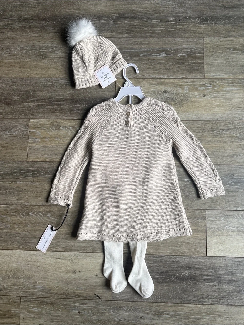 cupcakes & cashmere Beige Cable Knit Dress with Pom Pom Hat